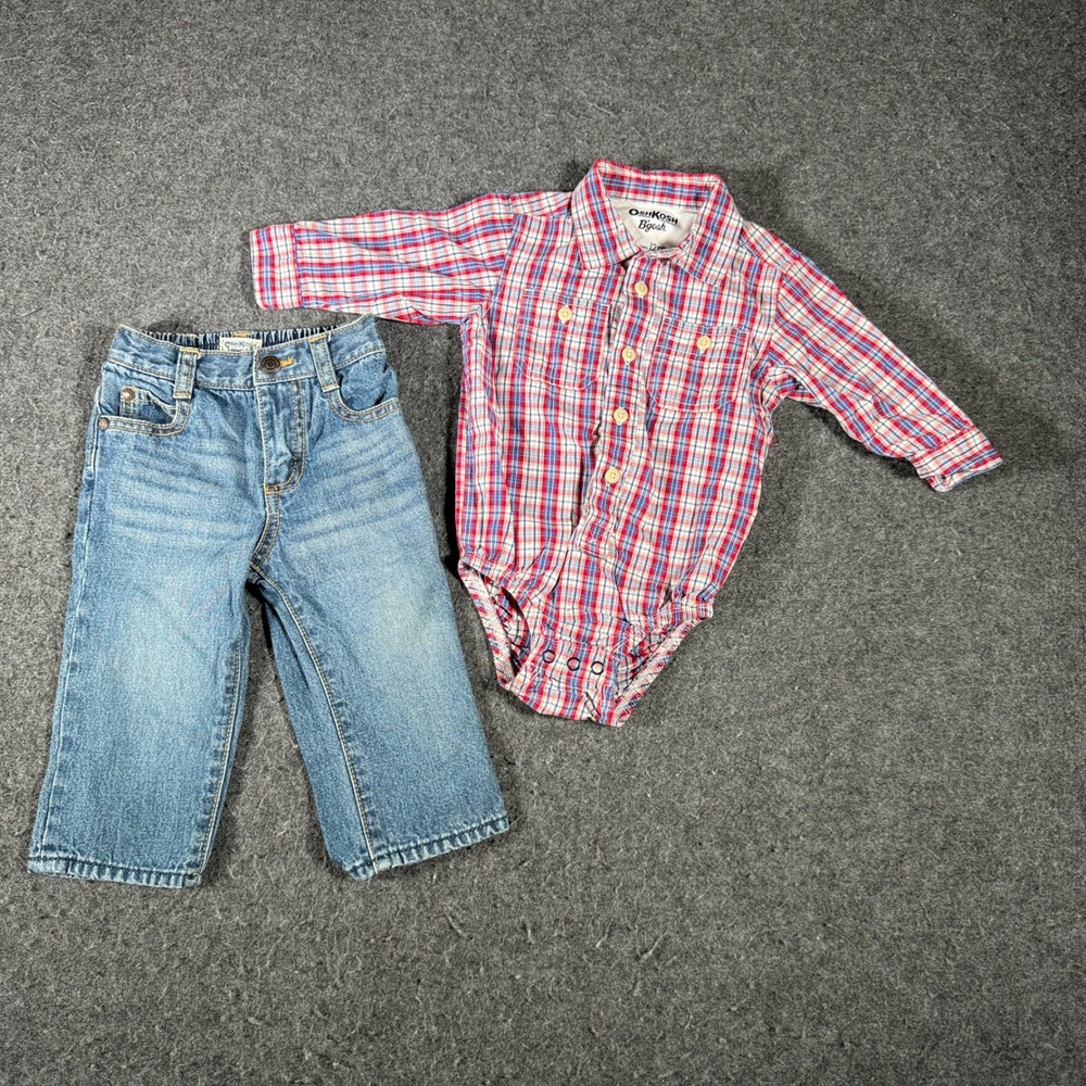 OshKosh Bgosh Baby Boys 12M Plaid Bodysuit and Denim Jeans 2pc Outfit Set